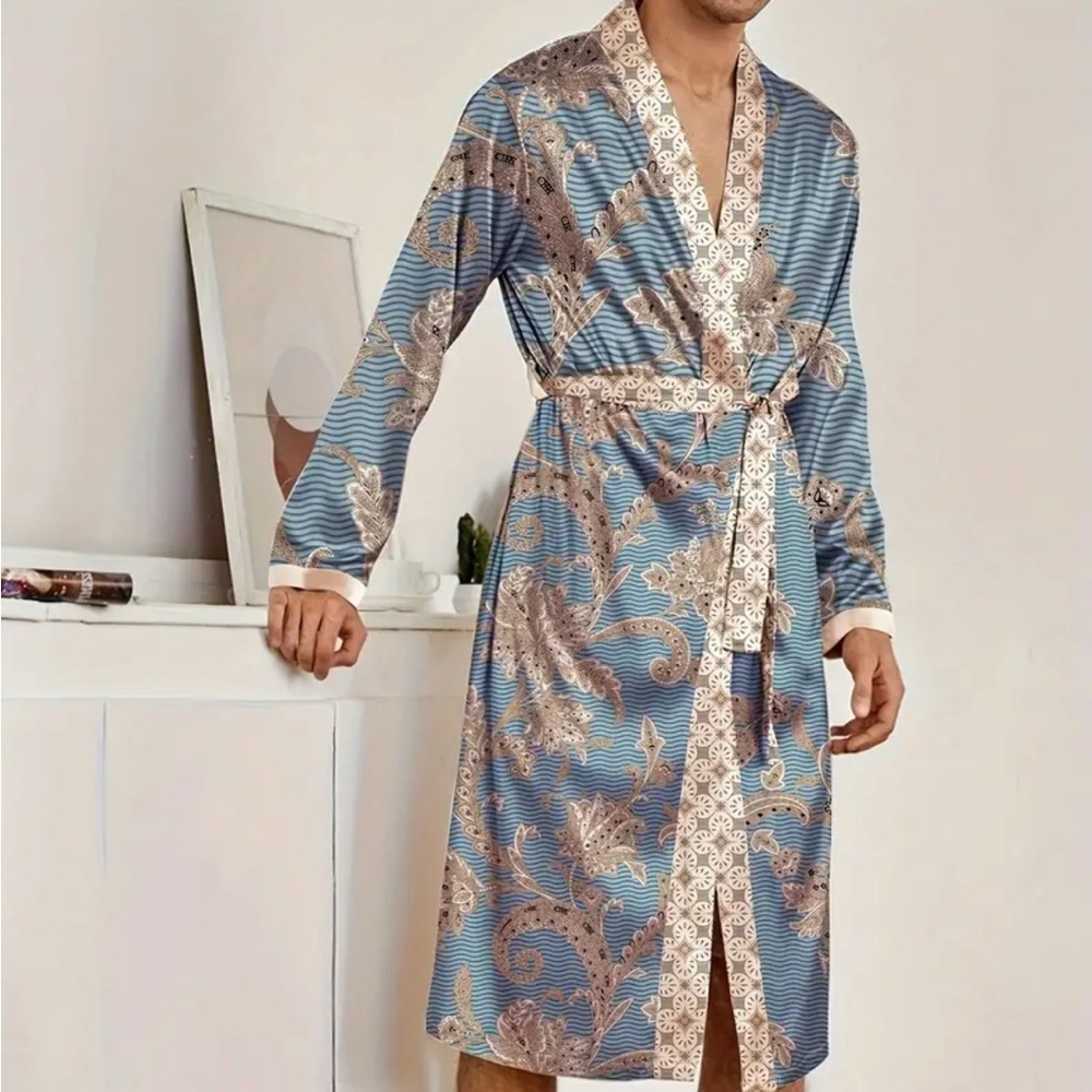 FINAL PRICE DROP New Unisex Peacock Blue Silky Satin Belted Robe with Shorts